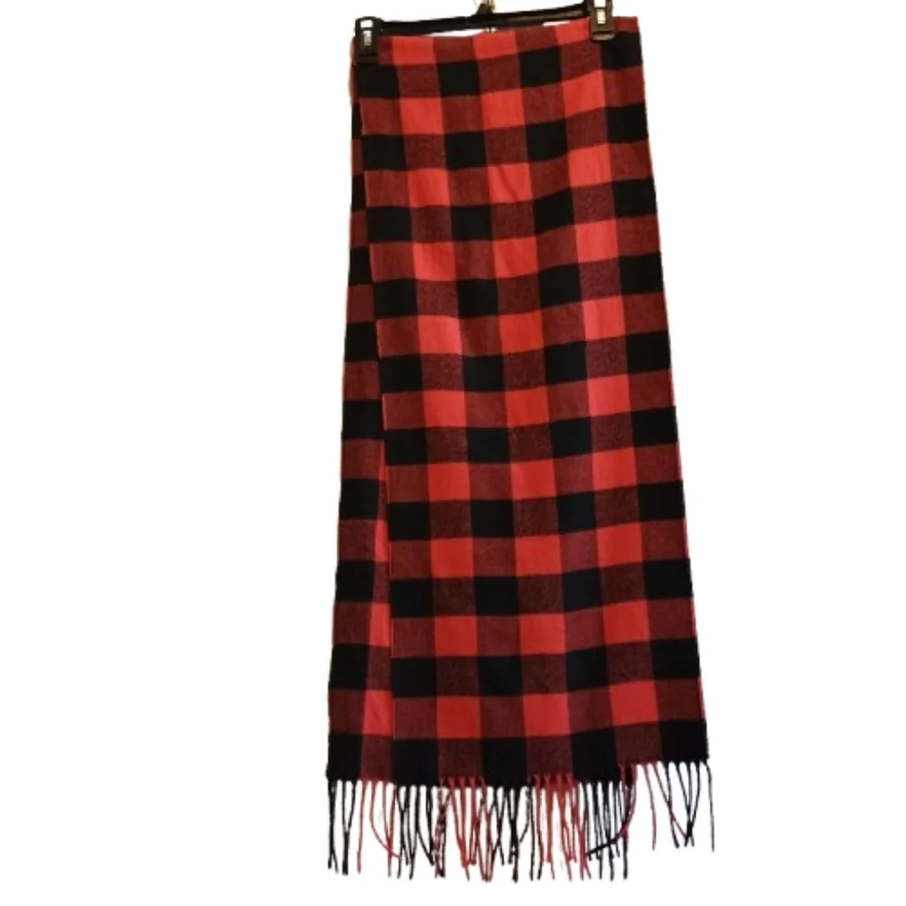 Abraham Moon‎ for J.Crew Lambswool Scarf Red Black Buffalo Check Plaid Fringe...